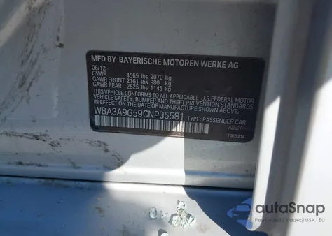 2012 BMW 335I z USA, uszkodzony, nr VIN WBA3A9G59CNP35581